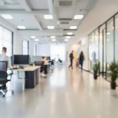 blurred modern office space. a blurred image of a modern office space with people working, ideal for websites and presentations related to business, work, or technology with a white accent,