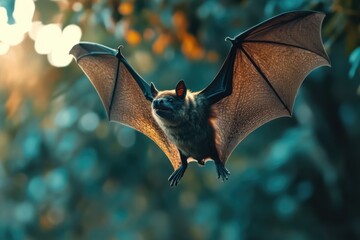 Black bat flying in sunlight with blurred background, nature and wildlife concept