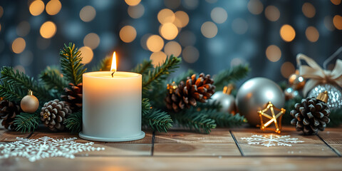 Christmas candle burning. Christmas background