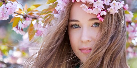 Naklejka premium A young woman adorned with a cherry blossom crown captures the essence of spring. Her serene expression reflects the season's renewal and natural beauty amidst blooming trees.
