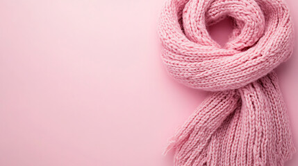 Cozy pink knit scarf draped elegantly on soft pink background, perfect for winter fashion