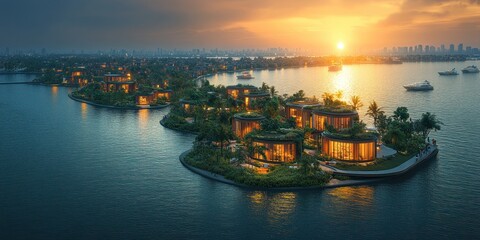 Sunset over luxurious waterfront villas on a private island.