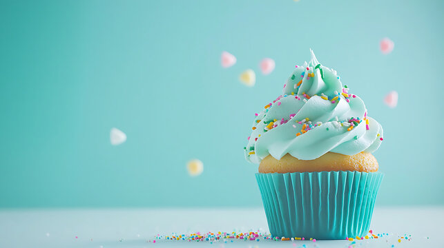 delicious cupcake with mint frosting and colorful sprinkles, set against soft blue background, evokes sense of joy and sweetness