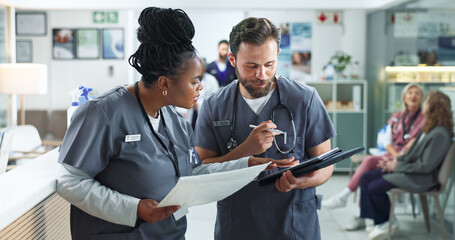Nurses, man and woman with tablet for planning, hospital management and consulting together....