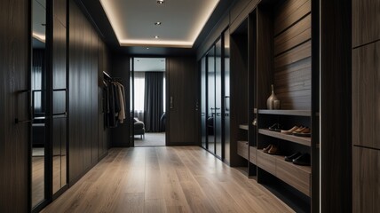 Modern walk-in closet with dark wood cabinetry, glass doors, and hardwood floors.  A glimpse of a bedroom is visible.