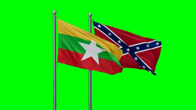 Confederate States Army and Myanmar flags flying together, video concept of the relationship with colored chroma key for easy background remove