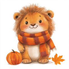 Cute cartoon lion wearing a scarf and standing next to a pumpkin and autumn leaves.