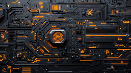 Fototapeta premium Modern abstract tech design featuring luminous orange circuits and patterns. This intricate digital artwork showcases futuristic aesthetic with blend of geometric shapes and glowing elements,