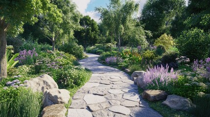 Obraz premium Serene Stone Pathway in a Lush Garden Landscape