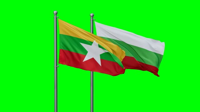Bulgaria and Myanmar flags flying together, video concept of the relationship with colored chroma key for easy background remove