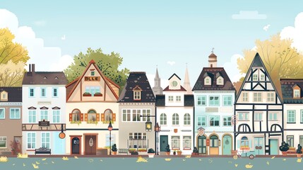 Fototapeta premium A colorful cartoon illustration of a town street.