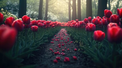 Serene Path through Red Tulip Field in Keukenhof Gardens