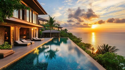Luxury hotel chain black friday promotion exotic location high-quality imagery serene environment sunset view hospitality concept