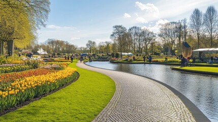 Obraz premium Winding Stone Path Through Scenic Flower Garden