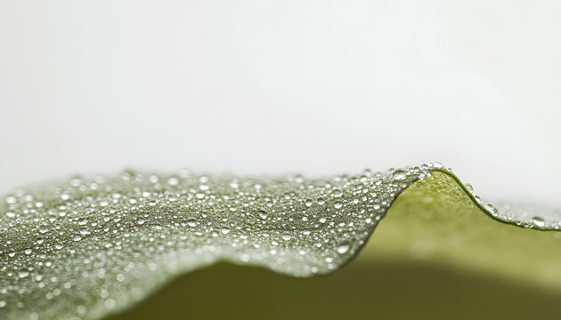 A close-up of water droplets on the edge of a green leaf, macro photography, minimalism, soft tones, light background