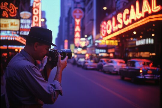 1950s photographer capturing a vibrant street scene with neon lights in a retro urban atmosphere