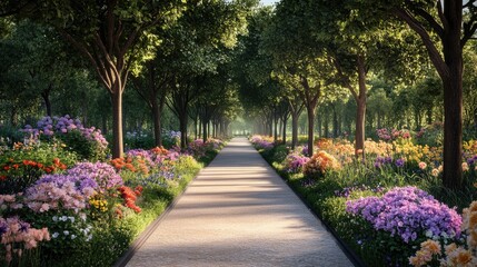 Fototapeta premium Serene Garden Pathway with Tall Lining Trees