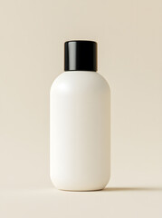 white matte cosmetic bottle with a black cap, isolated on a light background, in a frontal view