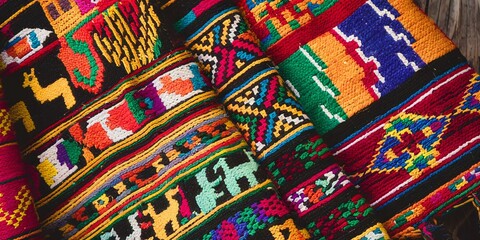 A detailed close-up of traditional Andean textiles showcasing intricate geometric patterns in vivid reds, blues, and yellows, symbolizing South American heritage.
