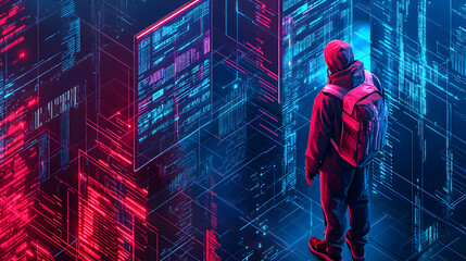 Fototapeta premium Cyberpunk 3D illustration: Hacker explores a digital code landscape, surrounded by glowing screens displaying complex algorithms, in a futuristic setting.