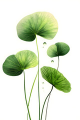 illustration of Centella, the leaves are vibrant green with a soft gradient of light and shadows to show depth, with delicate water droplets on the surface