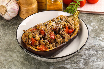 Baked eggplant stuffed meat and tomato