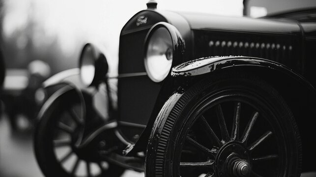 Fototapeta Black and white close-up of a vintage car, highlighting intricate mechanical details and timeless retro design