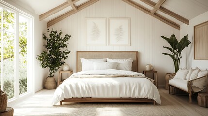 Fototapeta premium Beautiful Colored Mockup Bedroom Interior Blank Poster Decoration Art Background Image, generative AI