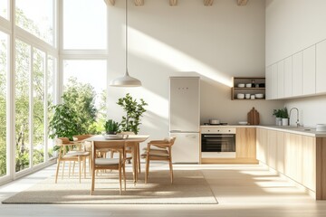 Fototapeta premium A modern kitchen with natural light, wooden furniture, and greenery for a cozy atmosphere.