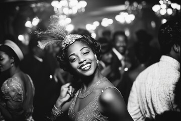 Black and white photograph of a 1920s flapper woman dancing in an art deco club, wearing a beaded dress and feathered headband