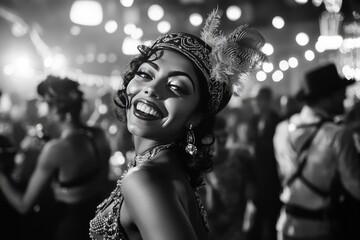 Black and white photograph of a 1920s flapper woman dancing in an art deco club, wearing a beaded dress and feathered headband
