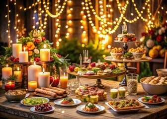 Fototapeta premium Stunning Fashion Photography of a Table Full of Delicious Food for a Perfect Party or Gathering - Vibrant Dishes, Elegant Setup, and Stylish Presentation