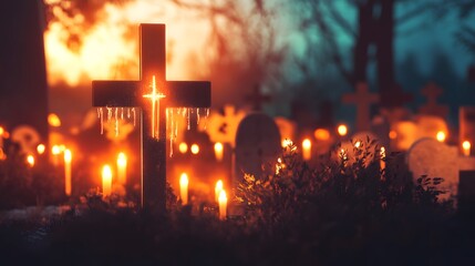 Fototapeta premium All Souls' Day. Cross with burning candles in the cemetery. Digital illustration