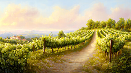 Naklejka premium picturesque vineyard landscape with lush green rows, winding path, and serene sky. scene evokes tranquility and natural beauty, perfect for wine lovers