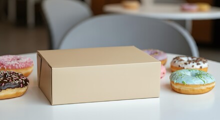 A blank donut box packaging mock-up, surrounded by colorful donuts on a café table 3d illustration template image.