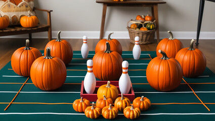 Pumpkin Bowling Game: A detailed setup of a pumpkin bowling game, combining fun and creativity in seasonal activities for families and communities.