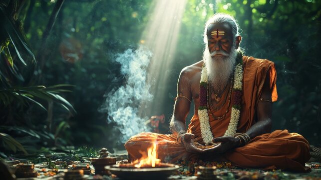 Cinematic depiction of Dhaumya Rishi performing a sacred yagya in a lush forest, bathed in divine ethereal light