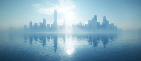 Fototapeta premium A misty skyline reflected in calm waters, capturing a serene urban landscape at sunrise.