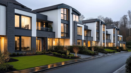Fototapeta premium Modern row of contemporary townhouses with large windows and landscaped gardens on a quiet residential street during early evening