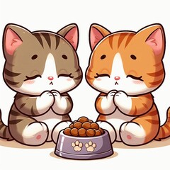 Fototapeta premium AI generated illustration cartoon of happy kittens cats praying in front of bowl of kibble food on white background