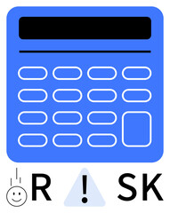 Large blue calculator above RISK with happy face, exclamation point, and letters K and R. Ideal for financial planning, investing, accounting, education, business strategy, risk assessment decision