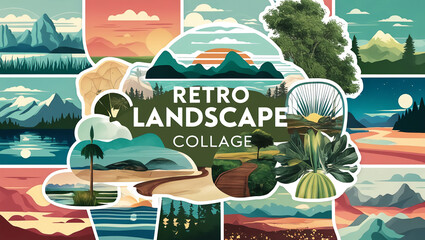 Retro Landscape Collage: A creative collage featuring PNG cut-out elements of retro landscapes, perfect for artistic projects and design inspirations.