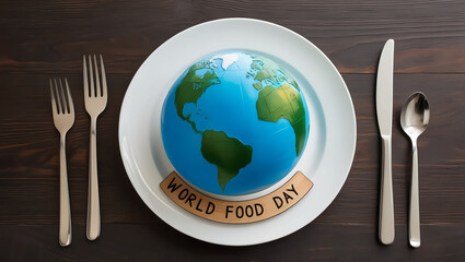 World Food Day Concept: A compelling image of a globe on a plate with cutlery, symbolizing World Food Day and the importance of global food security and sustainability.