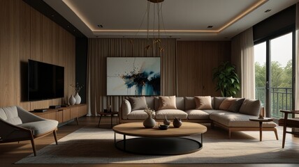 Fototapeta premium Here's a description and keywords for your image.. Modern living room with wooden accents, sectional sofa, and large artwork.