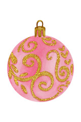 Watercolor Christmas decoration - pink ball with gold glitter ornament. For Christmas greeting cards, scrapbooking, invitations, wrapping and other design ideas.