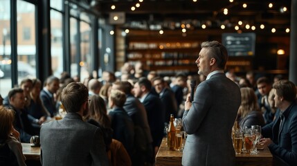 Fototapeta premium A business meeting in a modern cafe with a man speaking into a microphone while an audience listens, featuring large windows and ambient lighting.