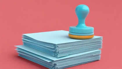 Fototapeta premium A colorful rubber stamp rests on a stack of blue paper against a vibrant red background, symbolizing documentation and approval.