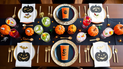 Halloween Party Table: A festive table setting for a Halloween party, complete with drinks and decorations, capturing the spirit of celebration and community.