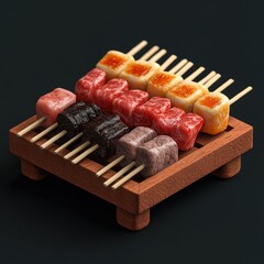 Delectable Japanese Delights: A Savory Assortment of Meat and Vegetable Skewers