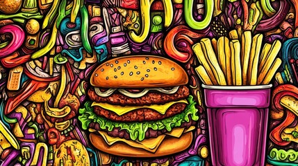 A fast food explosion of vibrant colors and detailed textures, with a burger, fries, and drink at the center.